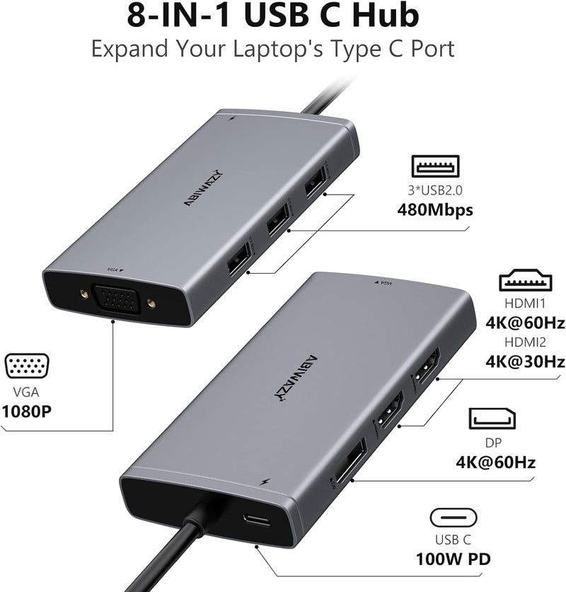 ABIWAZY محطة إرساء USB C لمحول الشاشة المزدوجة لأجهزة Dell و HP المحمولة محطة إرساء 3 شاشات عرض رباعية USBC Hub Dongle إلى 4K HDMI، DP، VGA، 3 USB2.0، 100W PD، محطة USB-C لجهاز Lenovo، Surface - Image 2